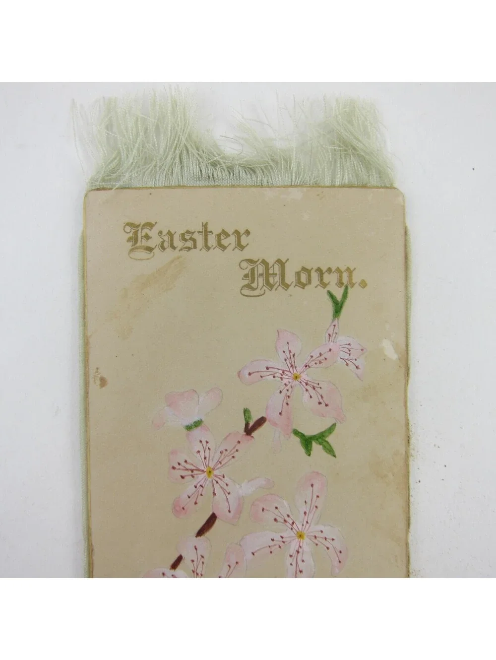 Victorian Card Easter Branch Blooms Pink Flowers Fringe Gold Gilt Edge Antique